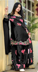 Premium Black Silk Kurta Set with Pink Floral Embroidery