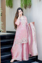Designer Dusty Rose Party Wear Suit - Embroidered Silk Kurta with Flared Sharara