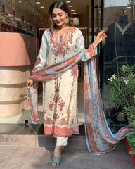 Designer 3-Piece Salwar Kameez Set - Floral Printed Kurta with Sky Blue Accents