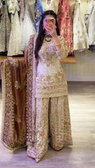 Designer Bridal Sharara Suit - Heavily Embroidered Kurta & Flared Bottoms with Coffee Brown Dupatta