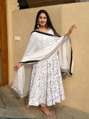 White Floral Anarkali Set with Contrast Black Bordered Dupatta