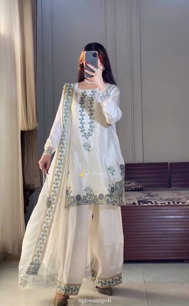 Designer Pastel Blue 3-Piece Salwar Kameez Set - Embroidered Silk Kurta with Matching Scalloped Dupatta