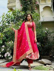 Rani Pink Embroidered Anarkali Suit with Heavy Lace Border Dupatta & Pant