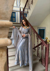 Royal Silver Anarkali Set with Embroidered Dupatta