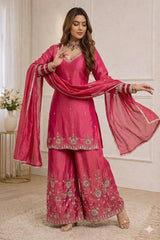 Designer Rani Pink Embroidered Sharara Suit Set