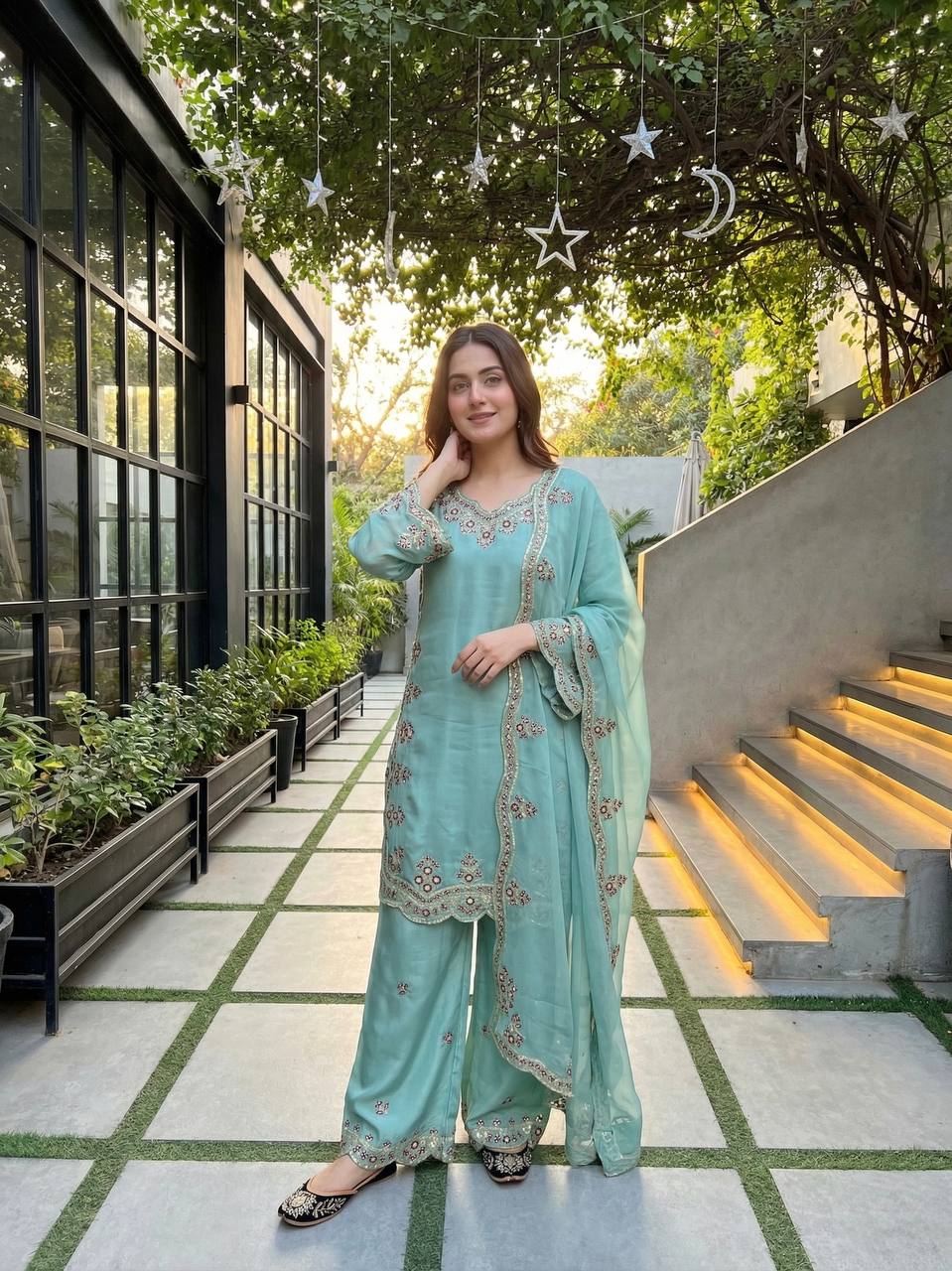 Premium Sea Green Georgette Sharara Set with Mirror & Gotta Patti Work