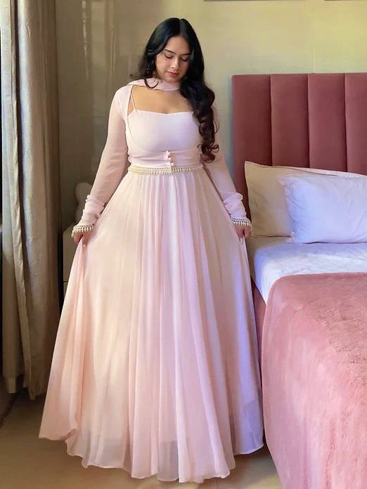 Designer Baby Pink Flared Gown with Sheer Sleeves and Choker Dupatta