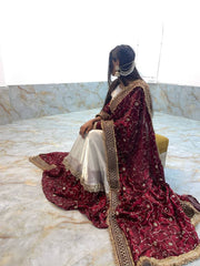 Designer White Georgette Long Gown with Heavy Maroon Embroidered Border and Sleeves