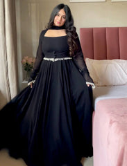 Designer Black Flared Gown with Sheer Sleeves and Choker Dupatta