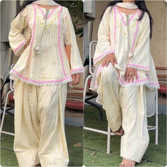 Cream and Yellow Floral Printed Kurta Salwar Set with Lace Borders