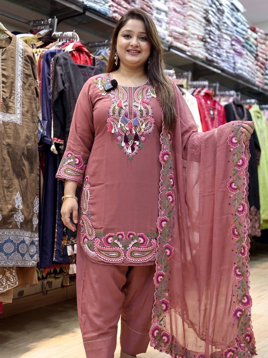 Designer Dusty Rose Georgette Suit with Heavy Kashmiri Embroidery Work