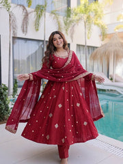 Deep Maroon Anarkali Suit Set with Zari Border Dupatta
