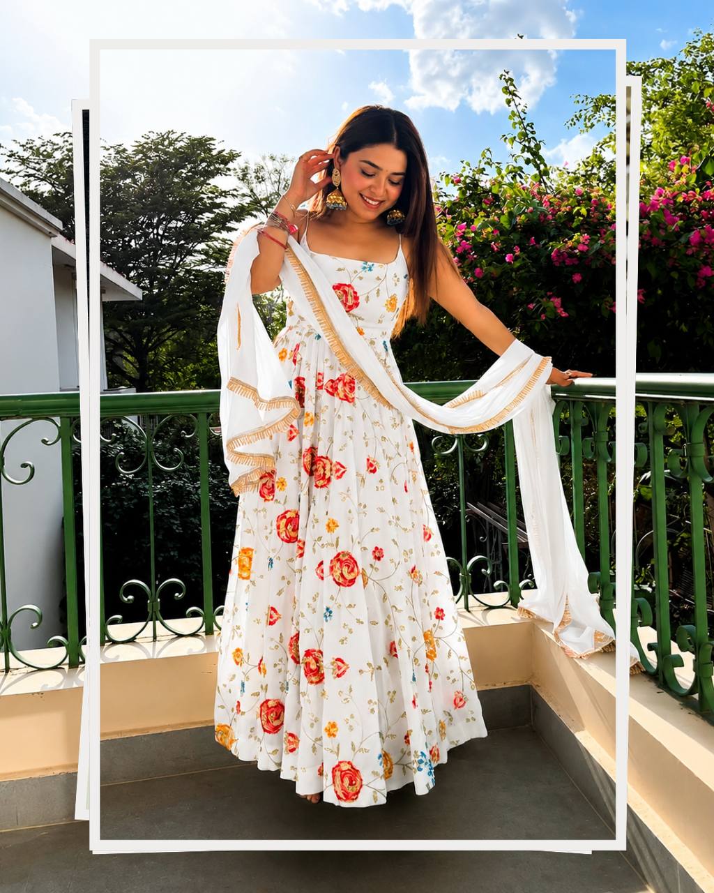 Elegant White Anarkali Gown with Rose Embroidery Work
