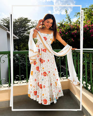 Elegant White Anarkali Gown with Rose Embroidery Work