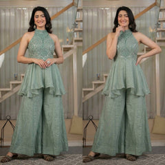 Modern Indo-Western Sage Green Shimmer Sharara Set with Flared Palazzo