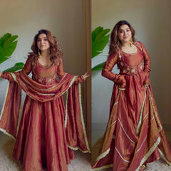 Designer Metallic Maroon Anarkali Gown with Koti Style Embroidery