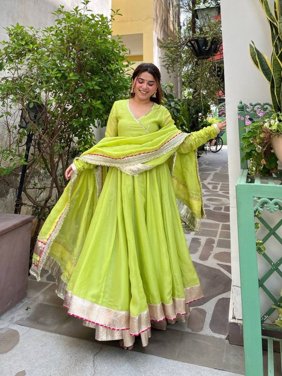 Lime Green Organza Anarkali Gown Suit Set with Dupatta