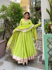 Lime Green Organza Anarkali Gown Suit Set with Dupatta