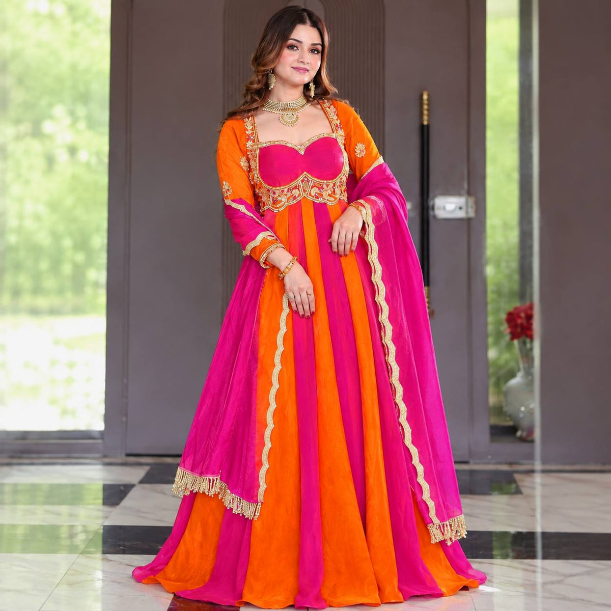 Rani Pink and Tangerine Orange Dual-Tone Anarkali Suit with Dupatta