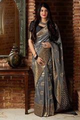 Light Gray Banarasi Silk Saree | Rich Gold Zari Weaving | Designer Ethnic Wear
