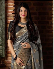 Light Gray Banarasi Silk Saree | Rich Gold Zari Weaving | Designer Ethnic Wear