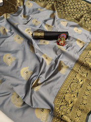 Light Gray Banarasi Silk Saree | Rich Gold Zari Weaving | Designer Ethnic Wear
