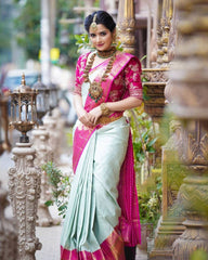 Light Pista and Rani Pink Silk Saree with Rich Zari Weaving