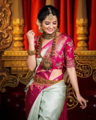 Light Pista and Rani Pink Silk Saree with Rich Zari Weaving