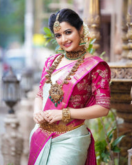 Light Pista and Rani Pink Silk Saree with Rich Zari Weaving