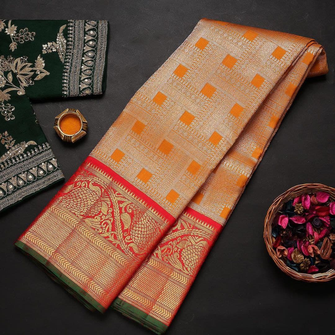 Royal Kanchipuram Silk Saree in Mustard & Red with Heavy Hand-Embroidered Zardosi Blouse Piece