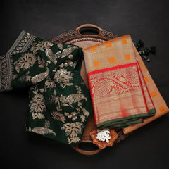 Royal Kanchipuram Silk Saree in Mustard & Red with Heavy Hand-Embroidered Zardosi Blouse Piece