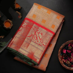 Royal Kanchipuram Silk Saree in Mustard & Red with Heavy Hand-Embroidered Zardosi Blouse Piece