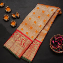Royal Kanchipuram Silk Saree in Mustard & Red with Heavy Hand-Embroidered Zardosi Blouse Piece
