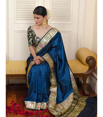 Midnight Blue Royal Silk Saree with Hand-Woven Banarasi Zari Border and Contrast Brocade Blouse