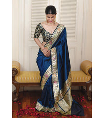 Midnight Blue Royal Silk Saree with Hand-Woven Banarasi Zari Border and Contrast Brocade Blouse