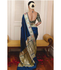 Midnight Blue Royal Silk Saree with Hand-Woven Banarasi Zari Border and Contrast Brocade Blouse