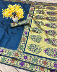Midnight Blue Royal Silk Saree with Hand-Woven Banarasi Zari Border and Contrast Brocade Blouse