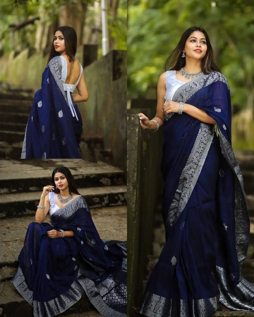 Royal Blue Banarasi Silk Saree with Elegant Silver Zari Buta & Contrast Brocade Pallu