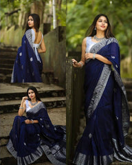 Royal Blue Banarasi Silk Saree with Elegant Silver Zari Buta & Contrast Brocade Pallu