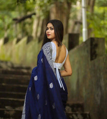 Royal Blue Banarasi Silk Saree with Elegant Silver Zari Buta & Contrast Brocade Pallu