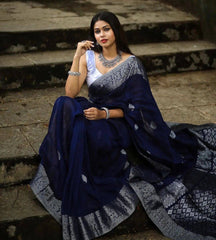 Royal Blue Banarasi Silk Saree with Elegant Silver Zari Buta & Contrast Brocade Pallu