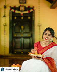 Elegant Off-White Kerala Cotton Saree with Traditional Red & Gold Zari Kanchipuram Style Border