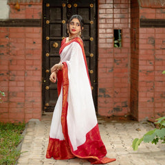 Elegant Off-White Kerala Cotton Saree with Traditional Red & Gold Zari Kanchipuram Style Border