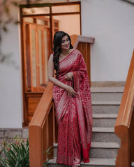 Luxury Red Wedding Silk Saree | Silver Zari Weaving | Festive Designer Saree with Tassels