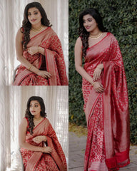 Luxury Red Wedding Silk Saree | Silver Zari Weaving | Festive Designer Saree with Tassels