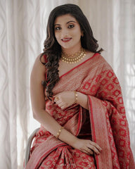 Luxury Red Wedding Silk Saree | Silver Zari Weaving | Festive Designer Saree with Tassels