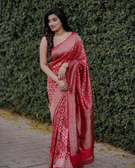 Luxury Red Wedding Silk Saree | Silver Zari Weaving | Festive Designer Saree with Tassels