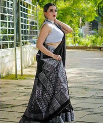 Elegant Jet Black Art Silk Saree with Silver Zari Weave | Intricate Floral Border & Butti Work | Includes Matching Silver Blouse Piece