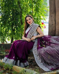 Royal Purple Banarasi Style Soft Silk Saree - Silver Zari Butta Work & Intricate Pallu