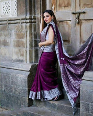 Royal Purple Banarasi Style Soft Silk Saree - Silver Zari Butta Work & Intricate Pallu